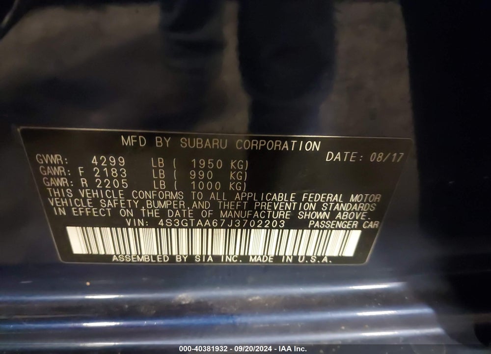 2018 SUBARU IMPREZA 2.0I VIN: 4S3GTAA67J3702203