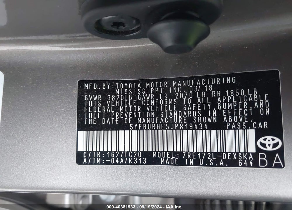 2018 TOYOTA COROLLA SE VIN: 5YFBURHE5JP819434