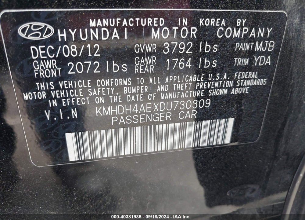 2013 HYUNDAI ELANTRA LIMITED VIN: KMHDH4AEXDU730309
