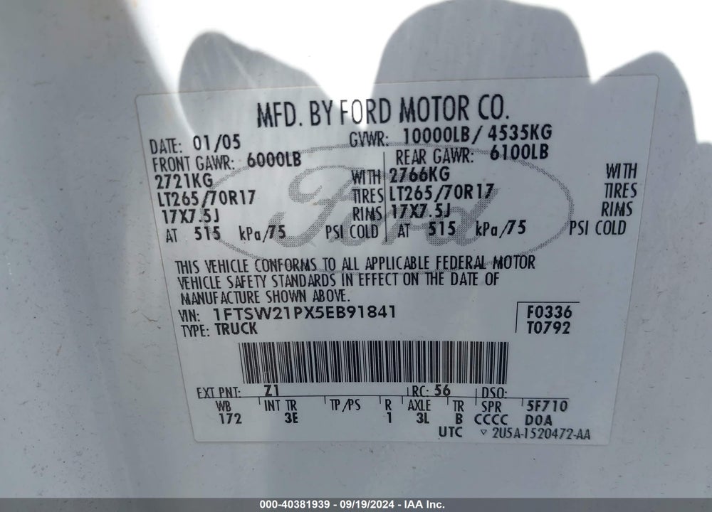 2005 FORD F-250 LARIAT/XL/XLT VIN: 1FTSW21PX5EB91841