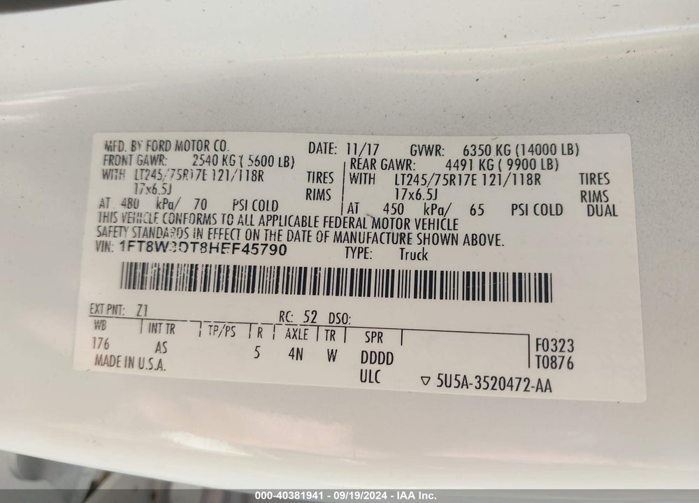 2017 FORD F-350 XL VIN: 1FT8W3DT8HEF45790