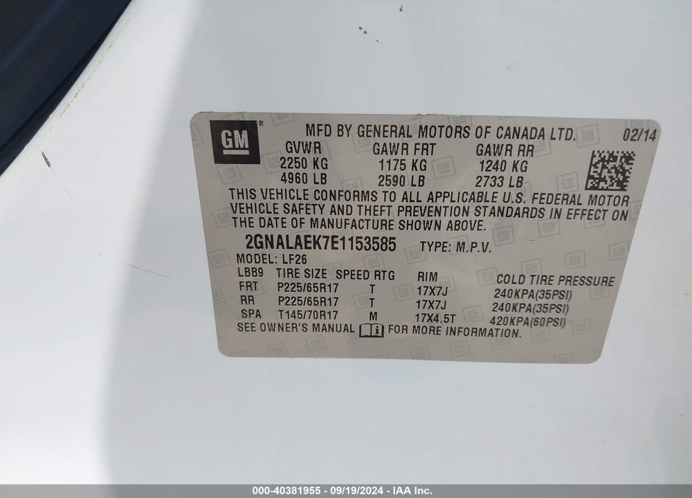 2014 CHEVROLET EQUINOX LS VIN: 2GNALAEK7E1153585