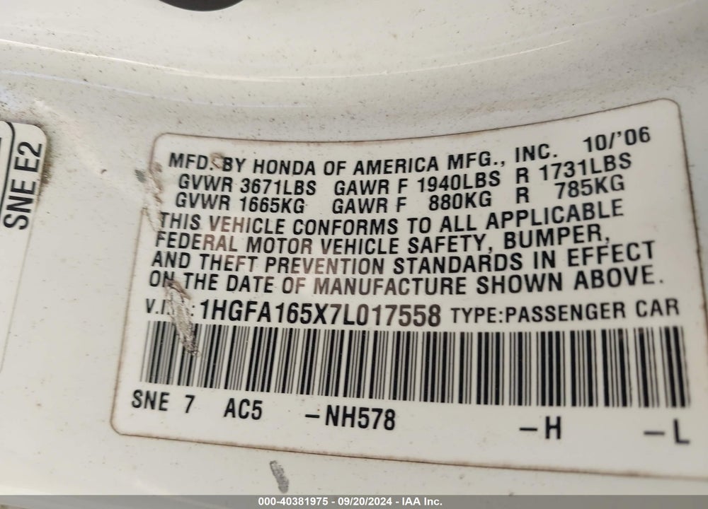 2007 HONDA CIVIC LX VIN: 1HGFA165X7L017558