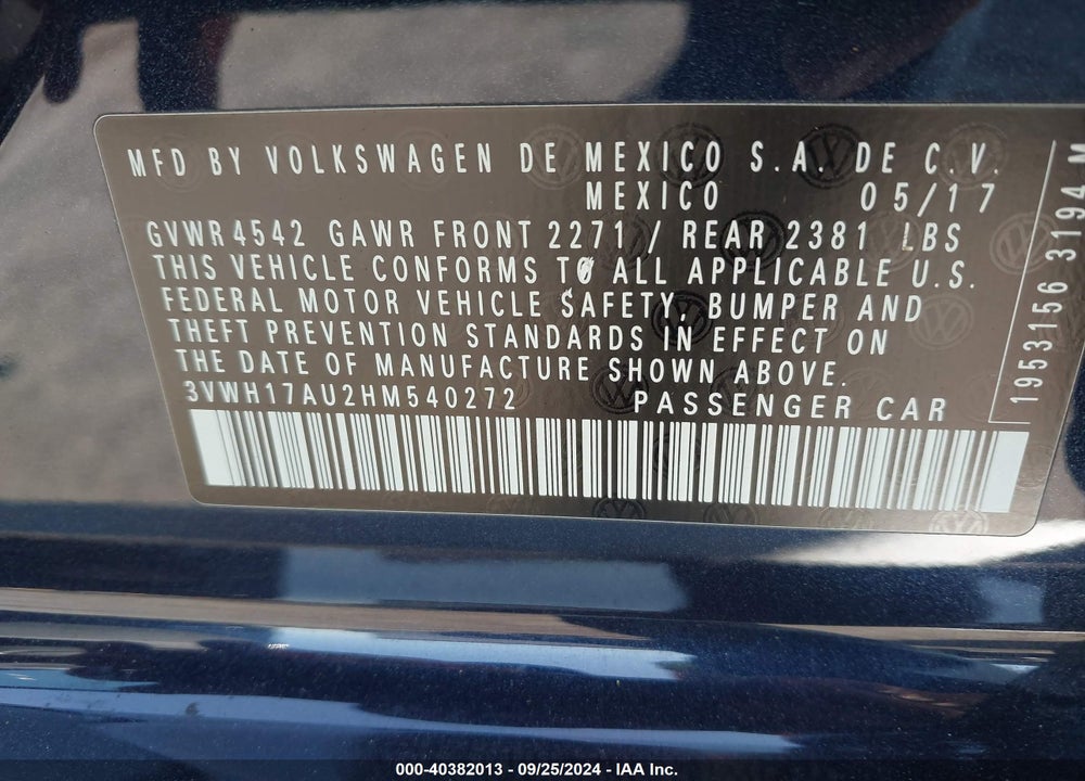 2017 VOLKSWAGEN GOLF ALLTRACK TSI S/TSI SE/TSI SEL VIN: 3VWH17AU2HM540272