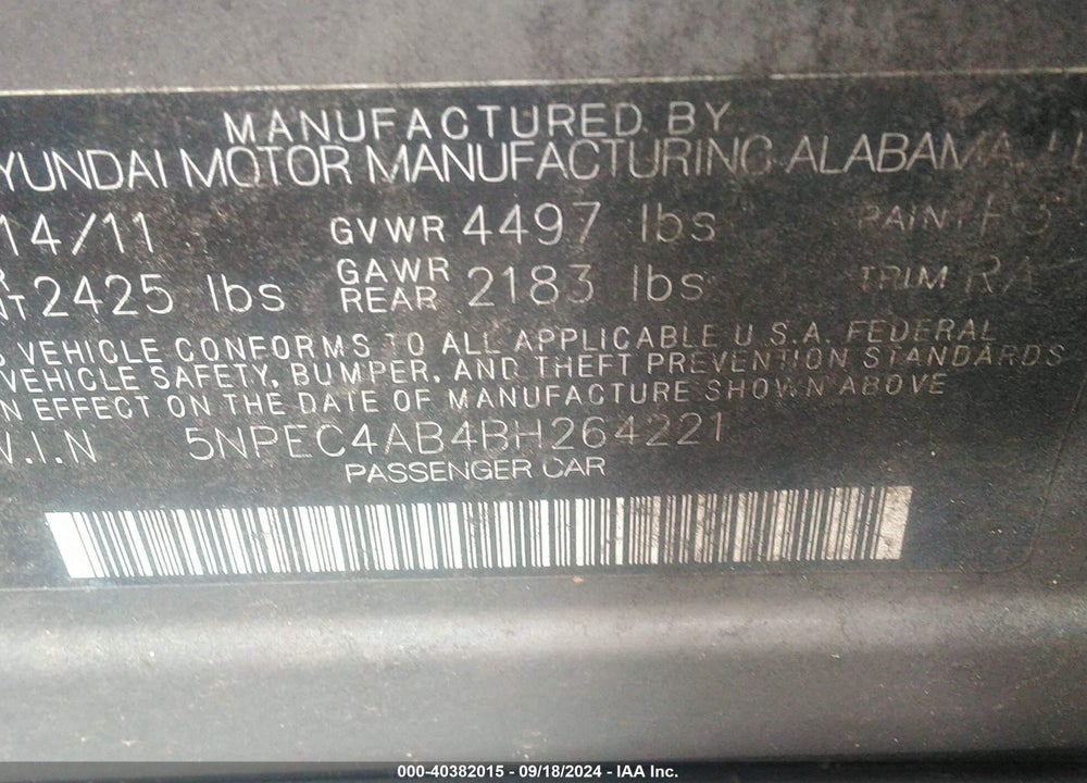 2011 HYUNDAI SONATA LIMITED 2.0T VIN: 5NPEC4AB4BH264221