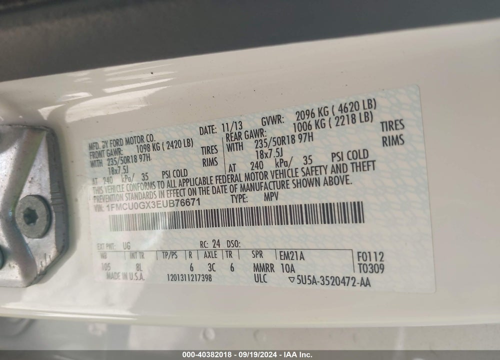 2014 FORD ESCAPE SE VIN: 1FMCU0GX3EUB76671