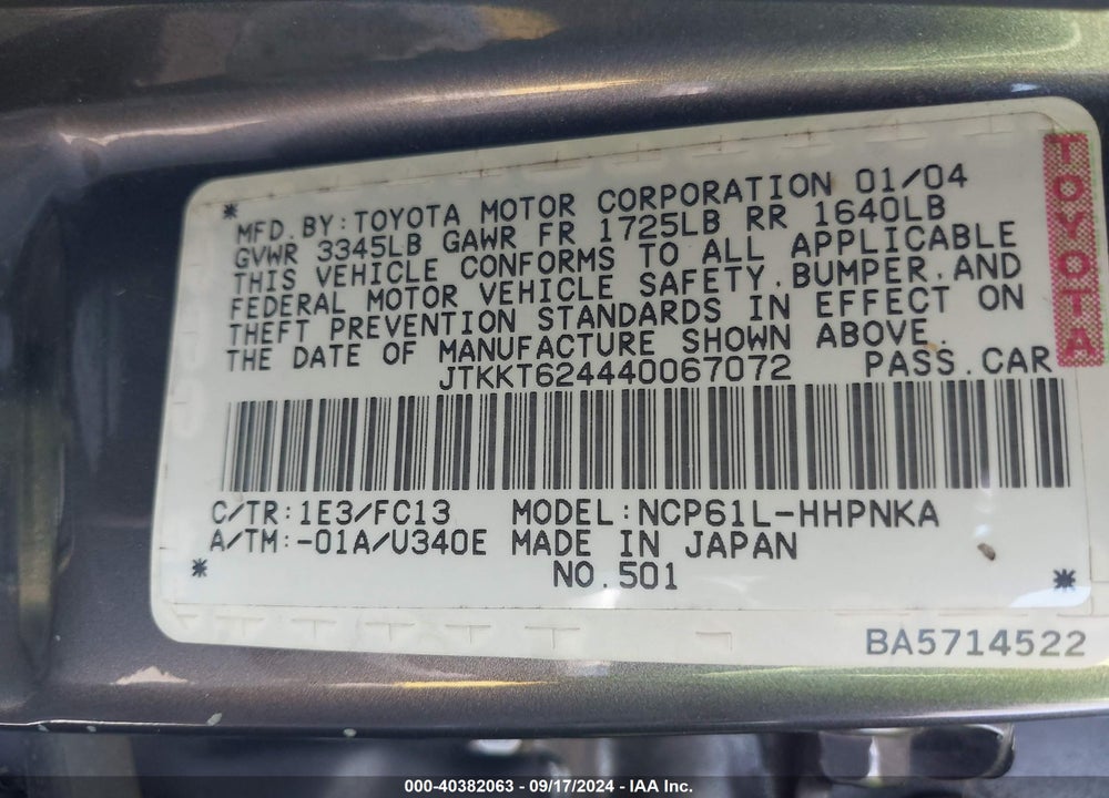 2004 SCION XA VIN: JTKKT624440067072