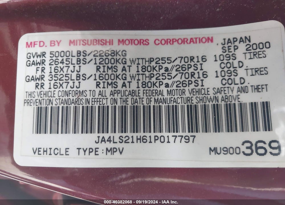 2001 MITSUBISHI MONTERO SPORT ES/LS VIN: JA4LS21H61P017797