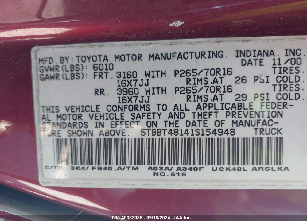 2001 TOYOTA TUNDRA LTD V8 VIN: 5TBBT48141S154948