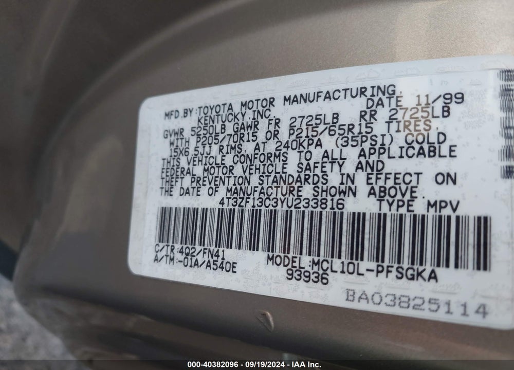 2000 TOYOTA SIENNA LE VIN: 4T3ZF13C3YU233816
