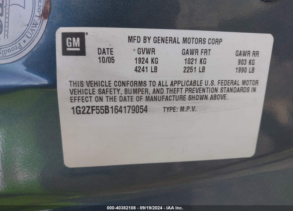 2006 PONTIAC G6 VIN: 1G2ZF55B164179054