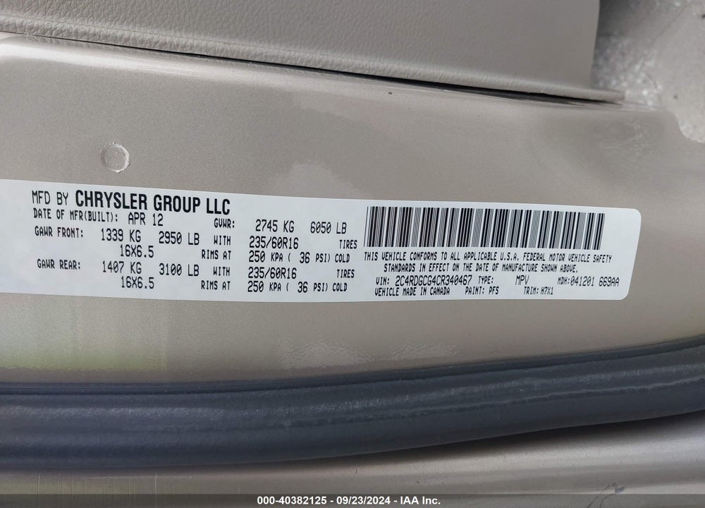 2012 DODGE GRAND CARAVAN SXT VIN: 2C4RDGCG4CR340467