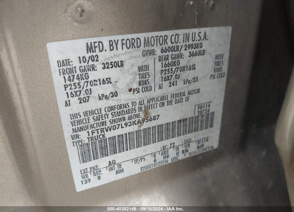 2003 FORD F-150 LARIAT/XLT VIN: 1FTRW07L93KA95687
