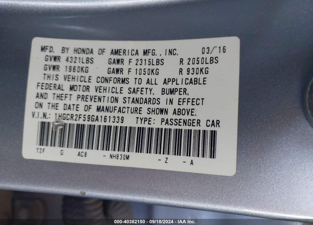 2016 HONDA ACCORD SPORT VIN: 1HGCR2F59GA161339