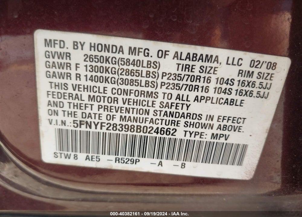 2008 HONDA PILOT SE VIN: 5FNYF28398B024662