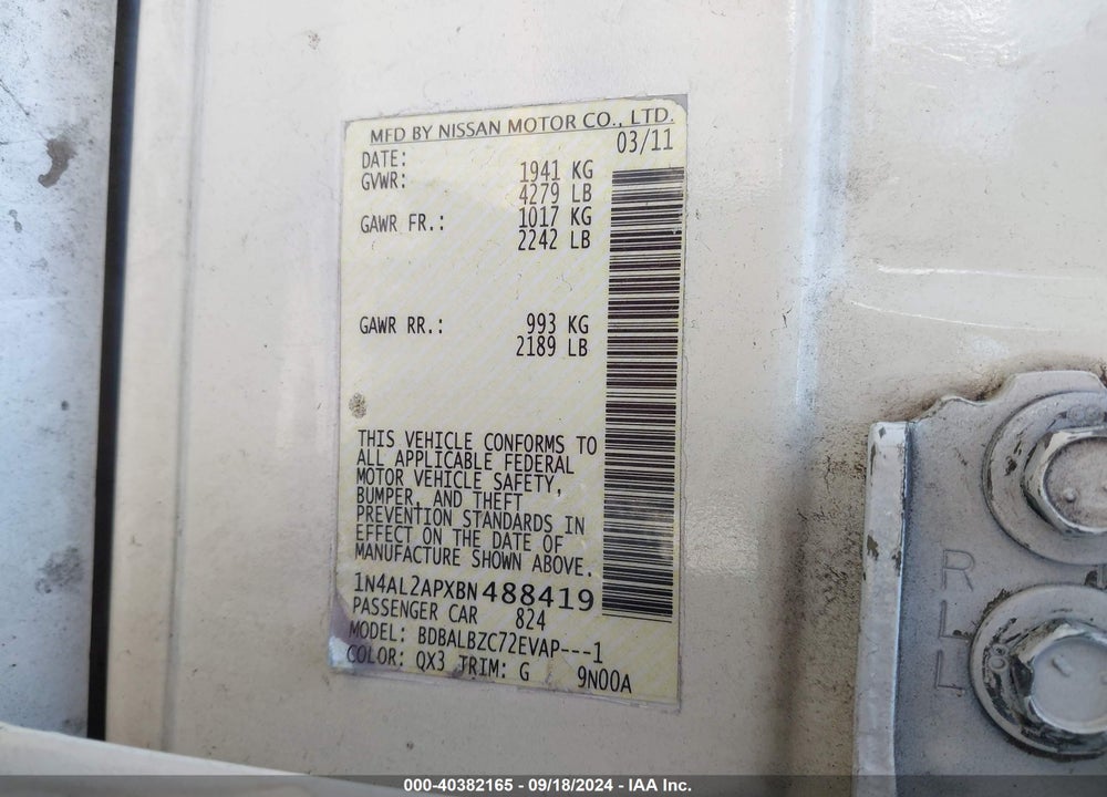 2011 NISSAN ALTIMA 2.5 S VIN: 1N4AL2APXBN488419