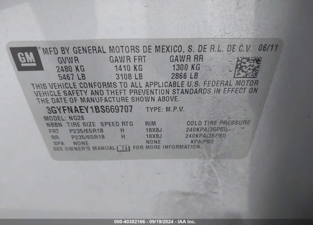 2011 CADILLAC SRX LUXURY COLLECTION VIN: 3GYFNAEY1BS669707