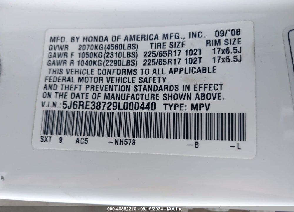 2009 HONDA CR-V EX-L VIN: 5J6RE38729L000440