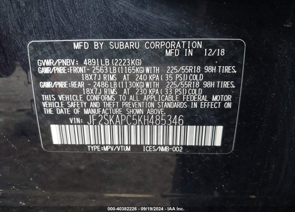 2019 SUBARU FORESTER SPORT VIN: JF2SKAPC5KH485346