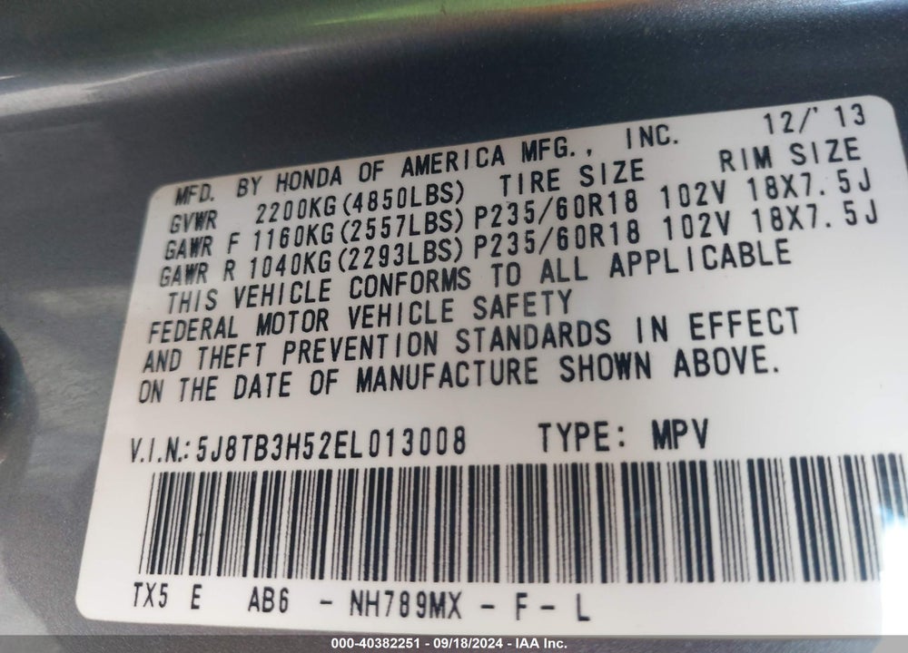2014 ACURA RDX VIN: 5J8TB3H52EL013008