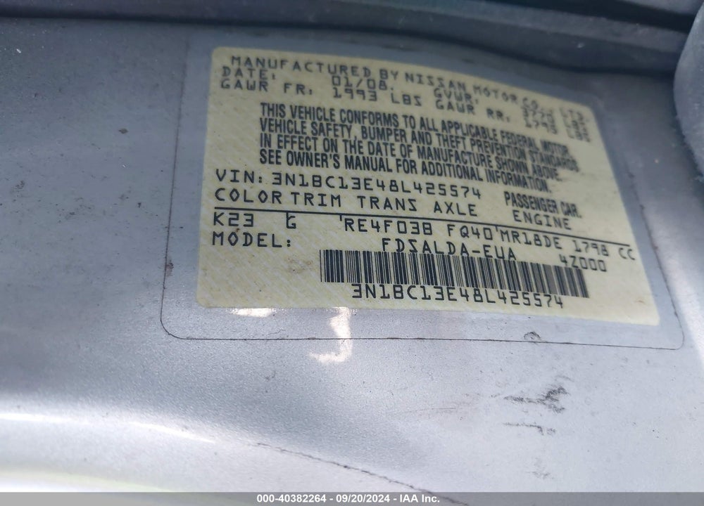 2008 NISSAN VERSA 1.8S VIN: 3N1BC13E48L425574