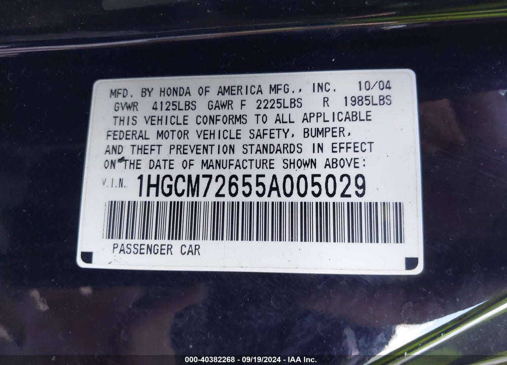 2005 HONDA ACCORD 2.4 EX VIN: 1HGCM72655A005029