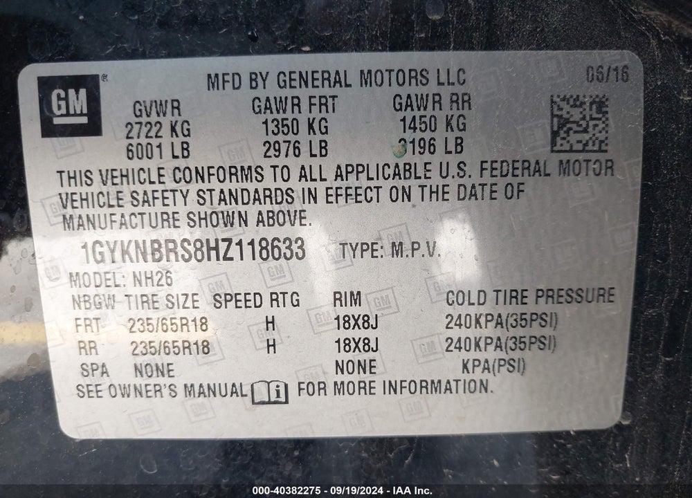 2017 CADILLAC XT5 LUXURY VIN: 1GYKNBRS8HZ118633