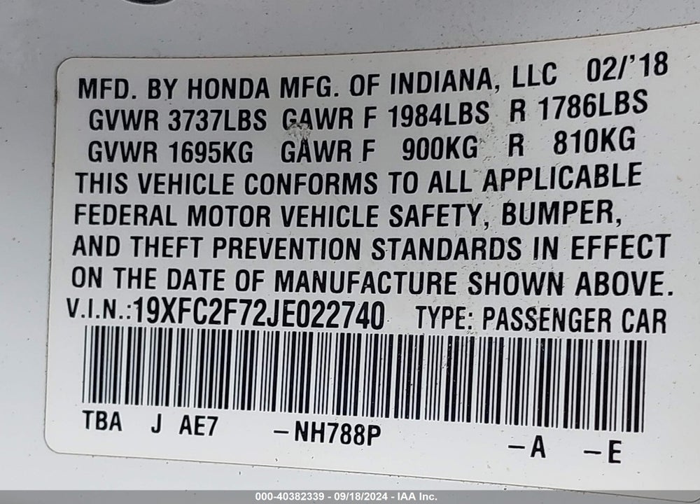 2018 HONDA CIVIC EX VIN: 19XFC2F72JE022740