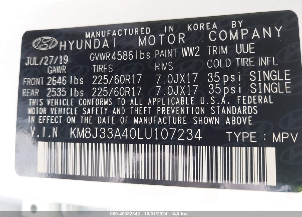 2020 HYUNDAI TUCSON VALUE VIN: KM8J33A40LU107234