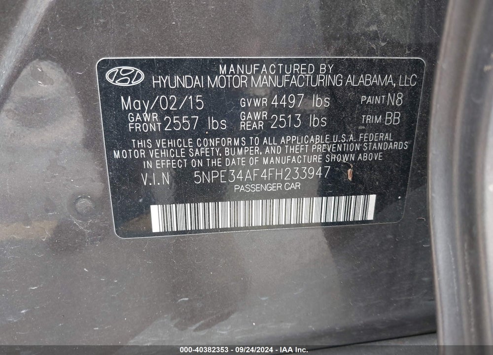 2015 HYUNDAI SONATA LIMITED VIN: 5NPE34AF4FH233947