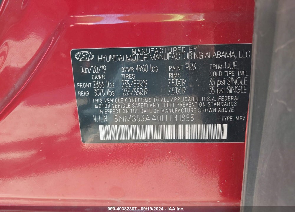 2020 HYUNDAI SANTA FE LIMITED 2.0T VIN: 5NMS53AA0LH141853