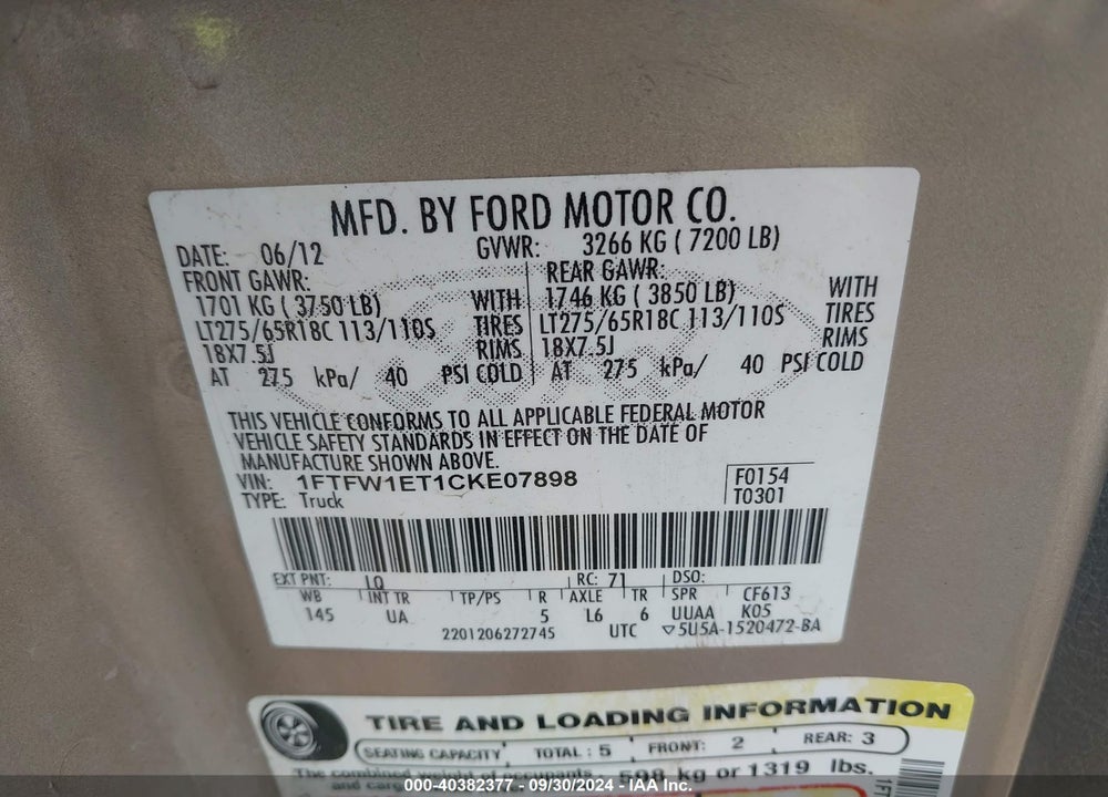 2012 FORD F-150 XLT VIN: 1FTFW1ET1CKE07898