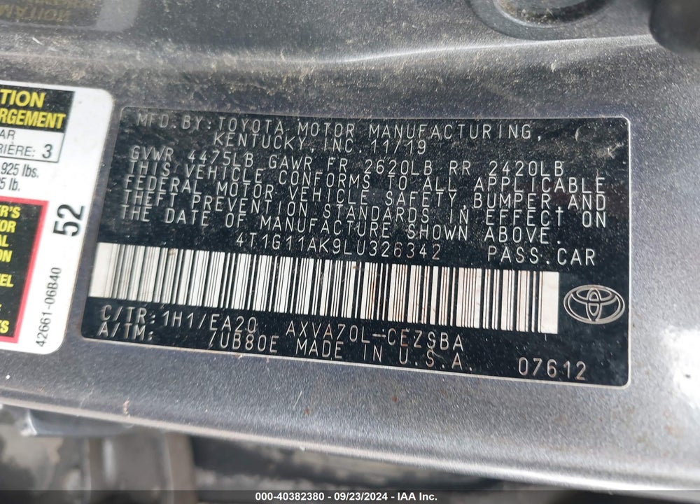 2020 TOYOTA CAMRY SE VIN: 4T1G11AK9LU326342