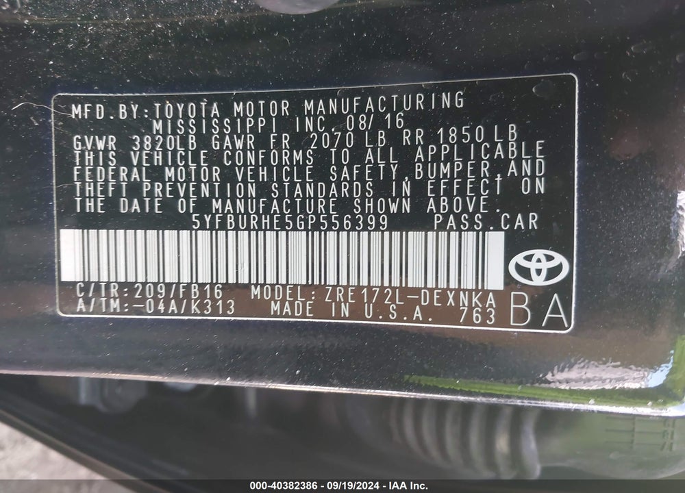 2016 TOYOTA COROLLA LE VIN: 5YFBURHE5GP556399