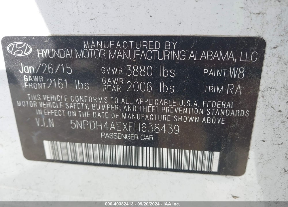 2015 HYUNDAI ELANTRA SE VIN: 5NPDH4AEXFH638439