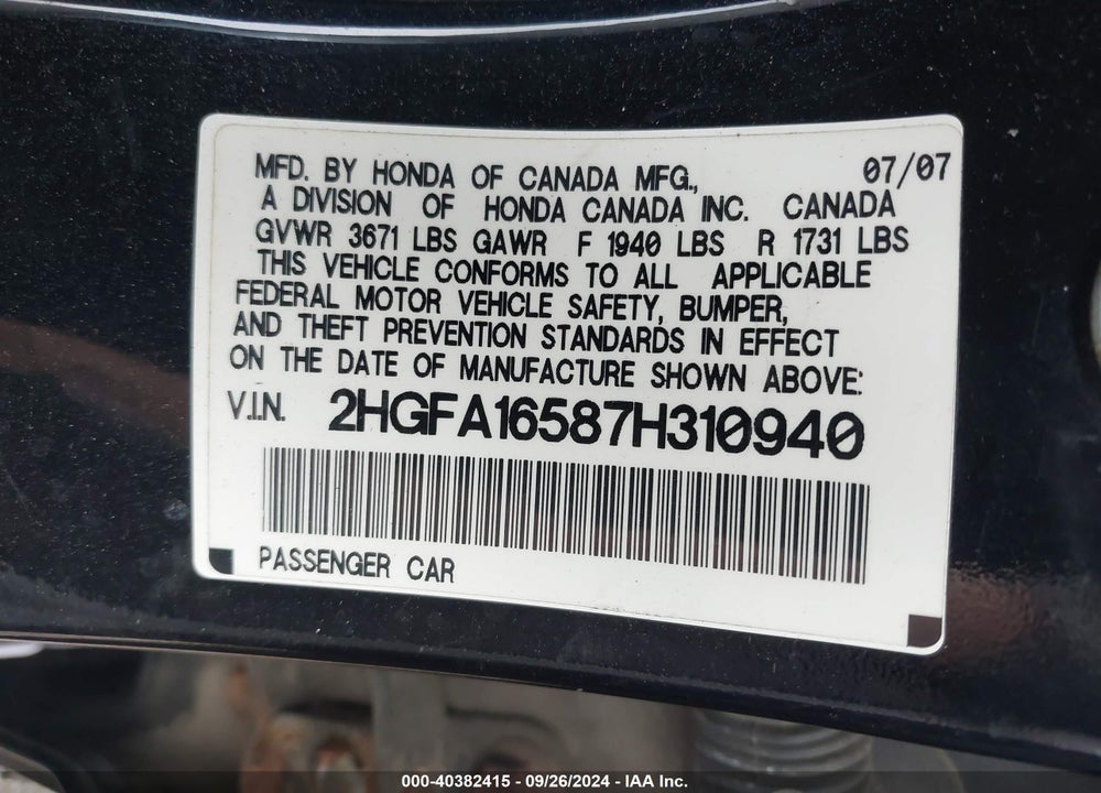 2007 HONDA CIVIC LX VIN: 2HGFA16587H310940