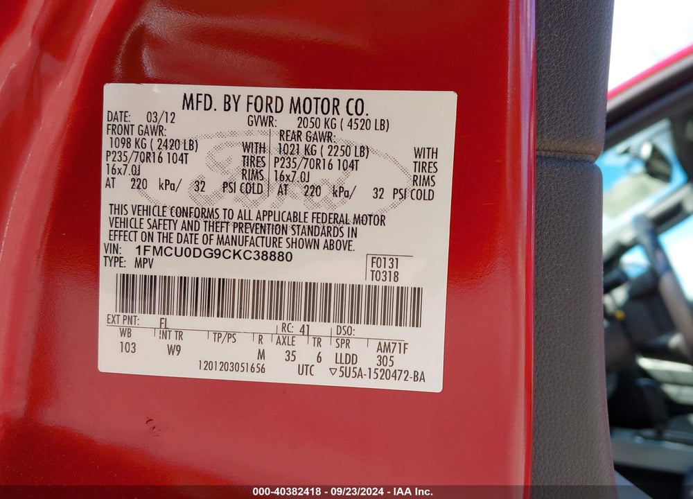 2012 FORD ESCAPE XLT VIN: 1FMCU0DG9CKC38880