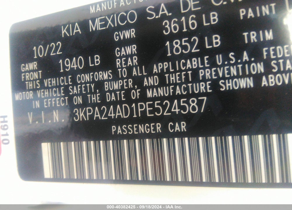 2023 KIA RIO S VIN: 3KPA24AD1PE524587