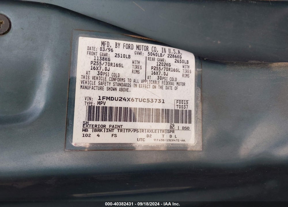 1996 FORD EXPLORER VIN: 1FMDU24X6TUC53731