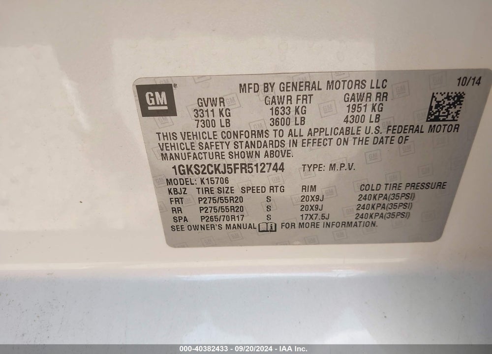 2015 GMC YUKON DENALI VIN: 1GKS2CKJ5FR512744