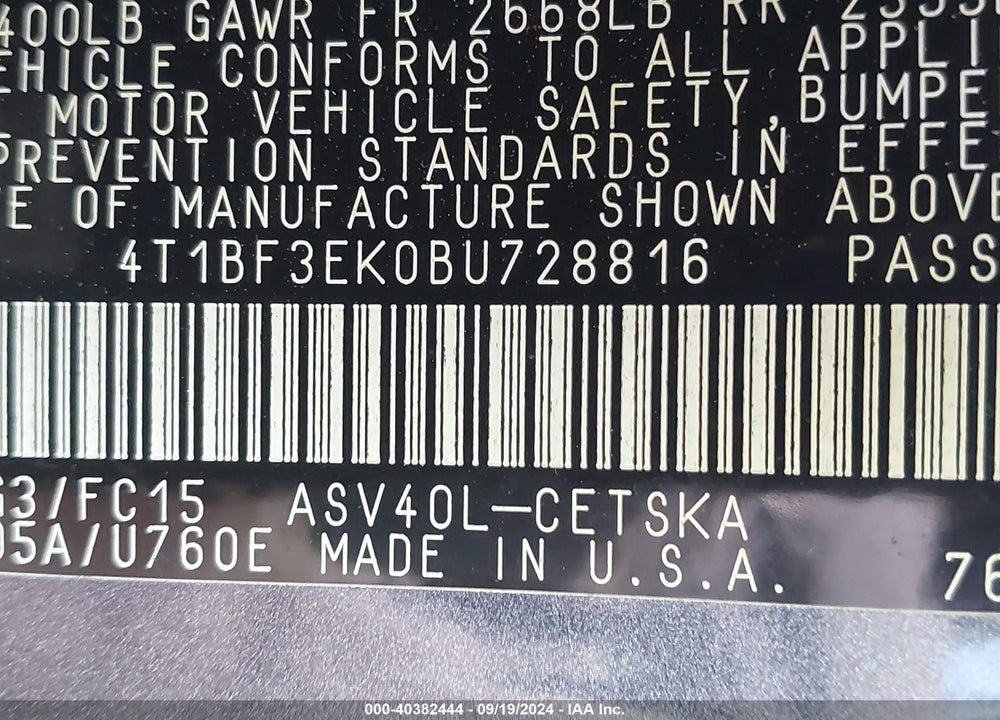 2011 TOYOTA CAMRY SE VIN: 4T1BF3EK0BU728816