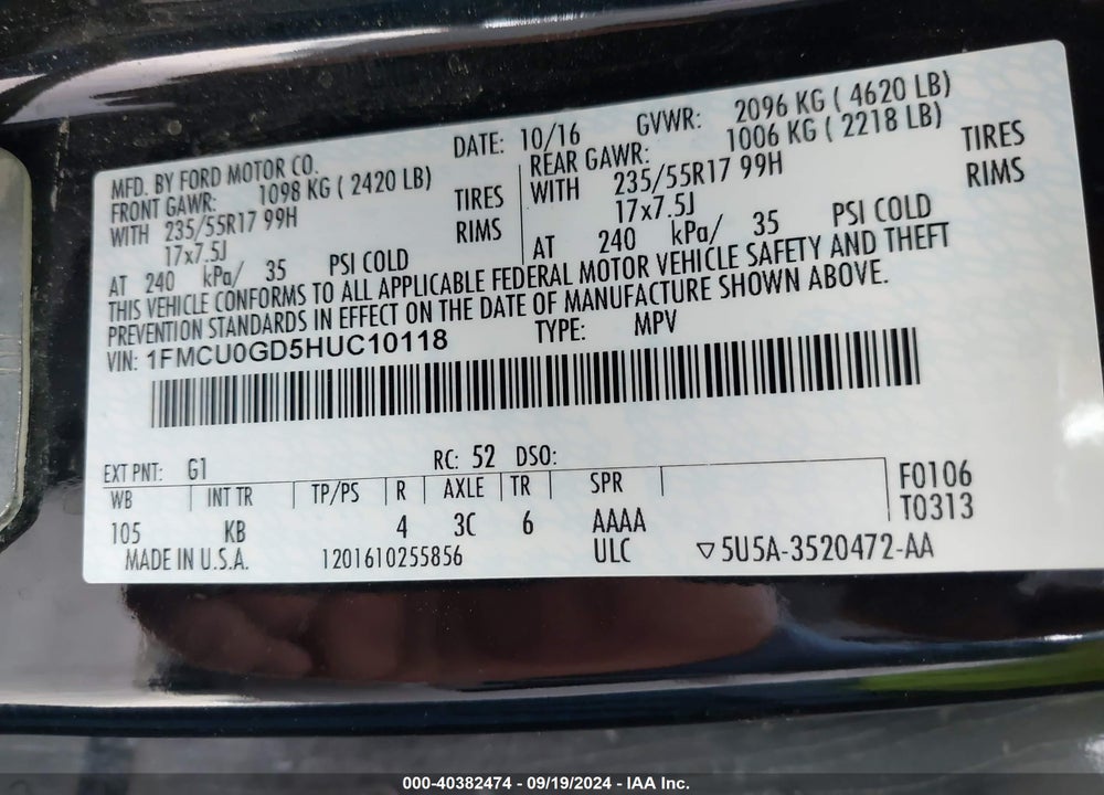 2017 FORD ESCAPE SE VIN: 1FMCU0GD5HUC10118