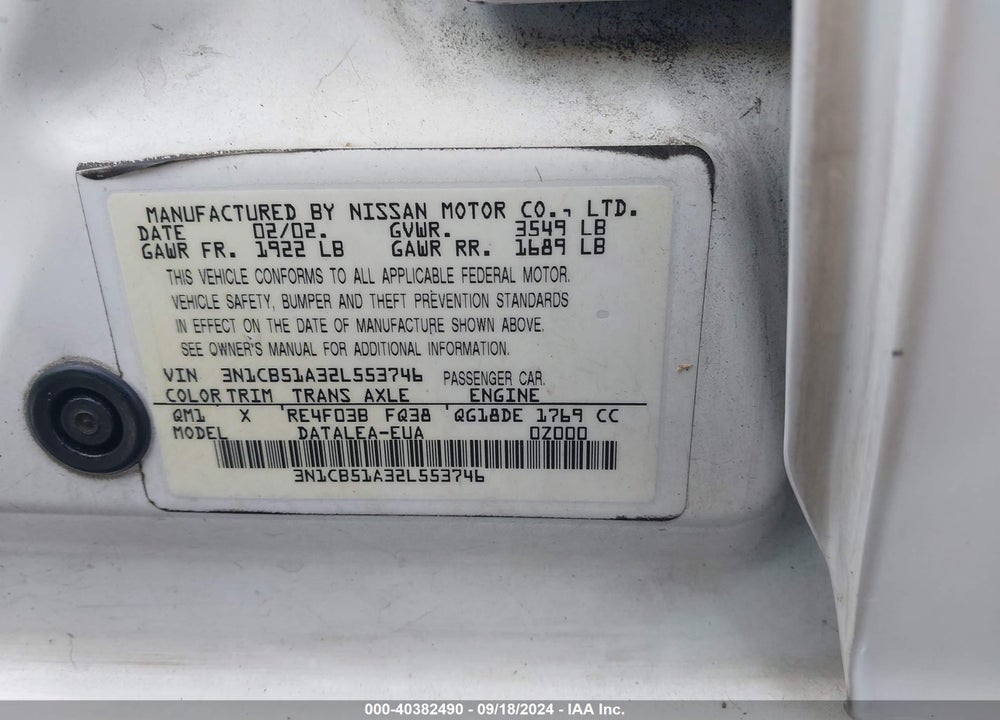 2002 NISSAN SENTRA GXE VIN: 3N1CB51A32L553746