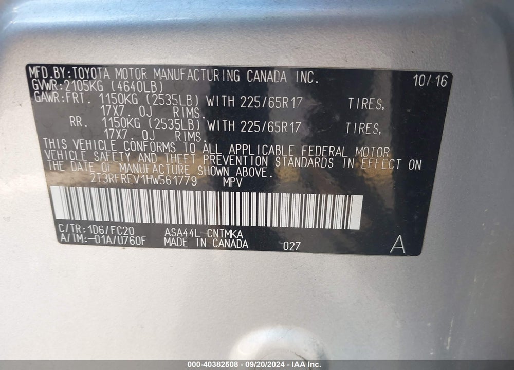 2017 TOYOTA RAV4 VIN: 2T3RFREV1HW561779