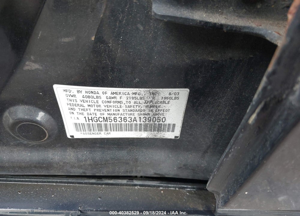 2003 HONDA ACCORD 2.4 LX VIN: 1HGCM56363A139050