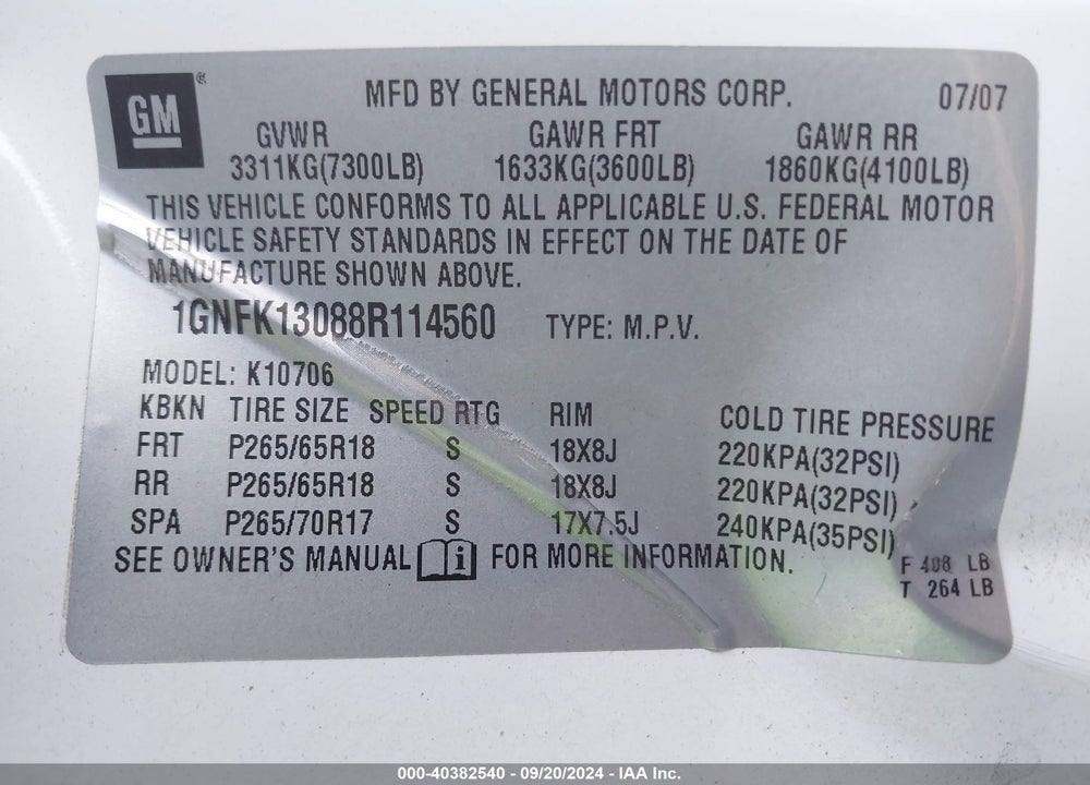 2008 CHEVROLET TAHOE LT VIN: 1GNFK13088R114560