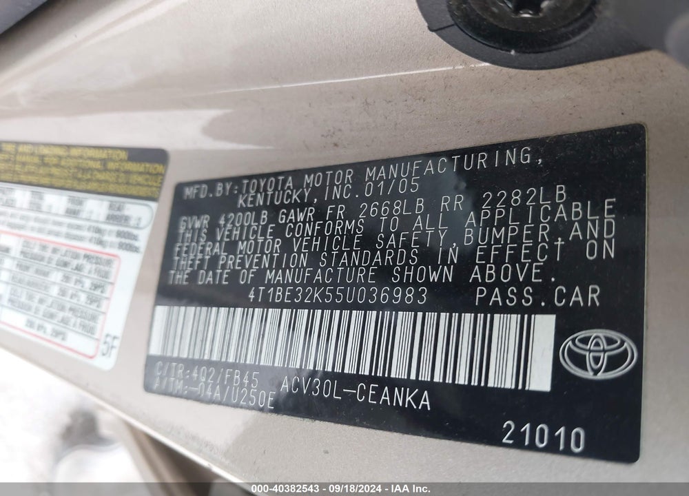 2005 TOYOTA CAMRY LE VIN: 4T1BE32K55U036983