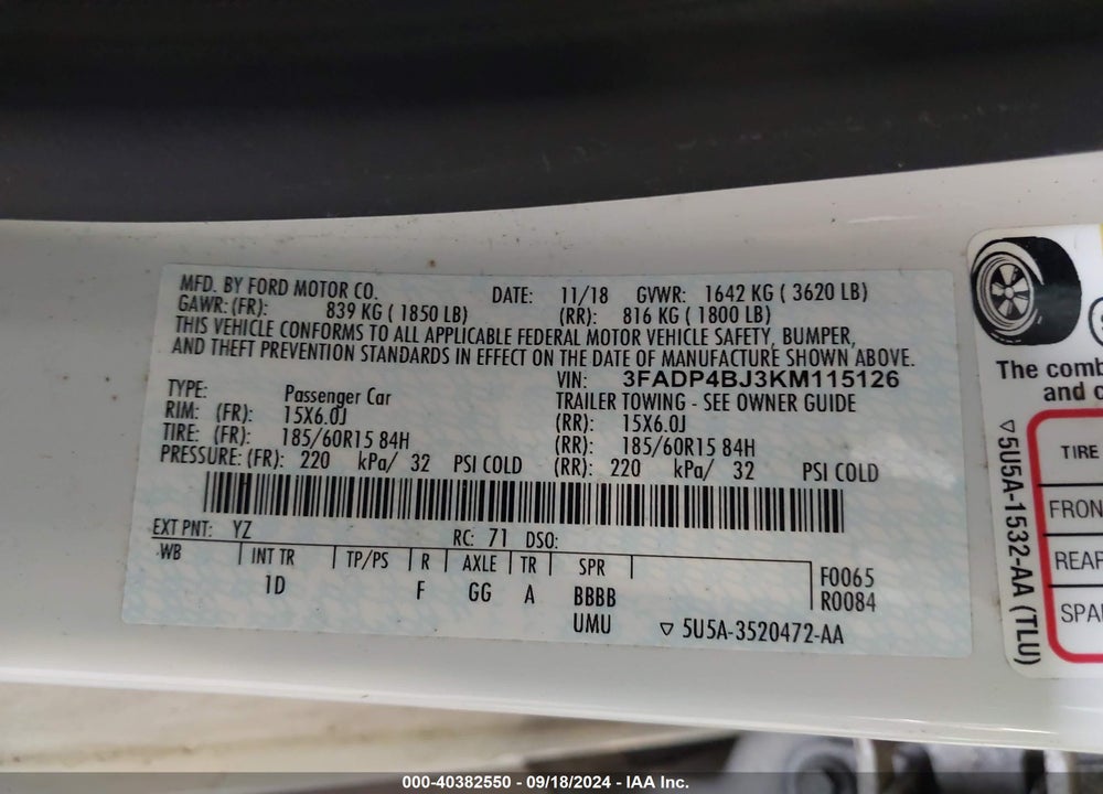 2019 FORD FIESTA SE VIN: 3FADP4BJ3KM115126