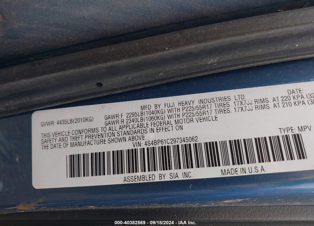 2009 SUBARU OUTBACK 2.5I VIN: 4S4BP61C297345062