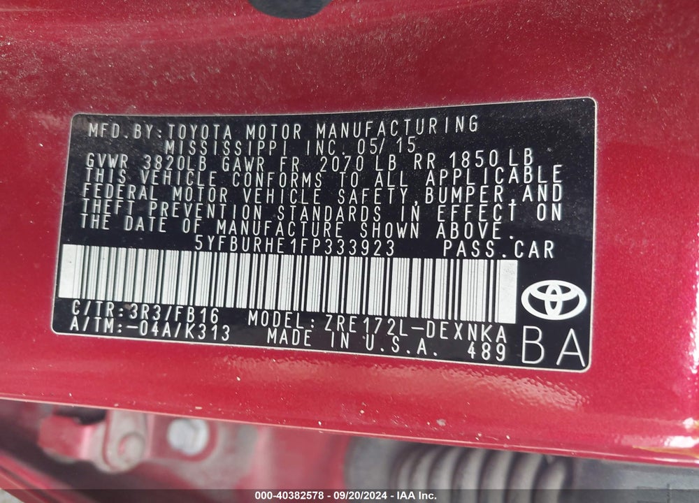 2015 TOYOTA COROLLA LE VIN: 5YFBURHE1FP333923